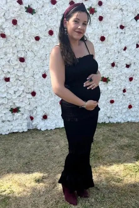 PinkBlush Black Satin Smocked Fitted Maternity Midi Dress - 