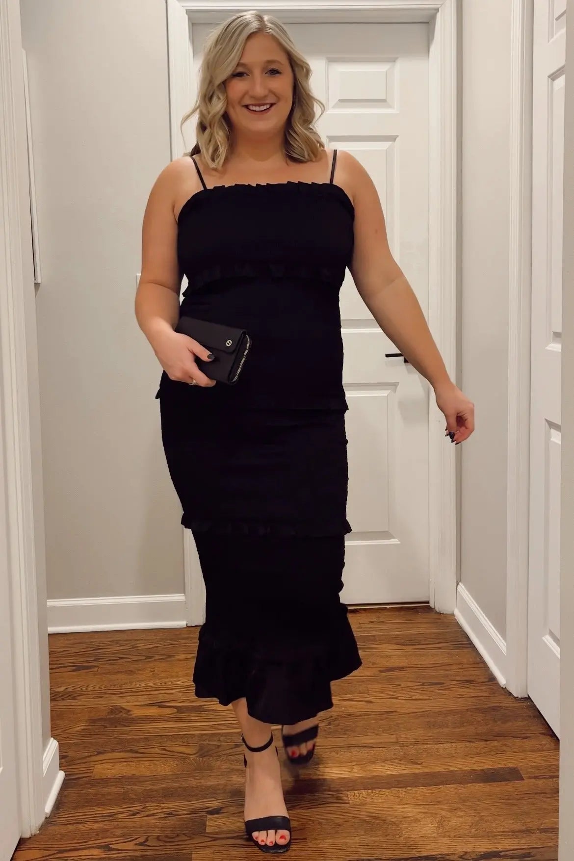 PinkBlush Black Satin Smocked Fitted Midi Dress - 