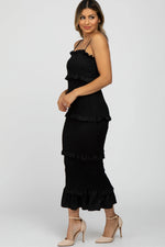 PinkBlush Black Satin Smocked Fitted Midi Dress - 
