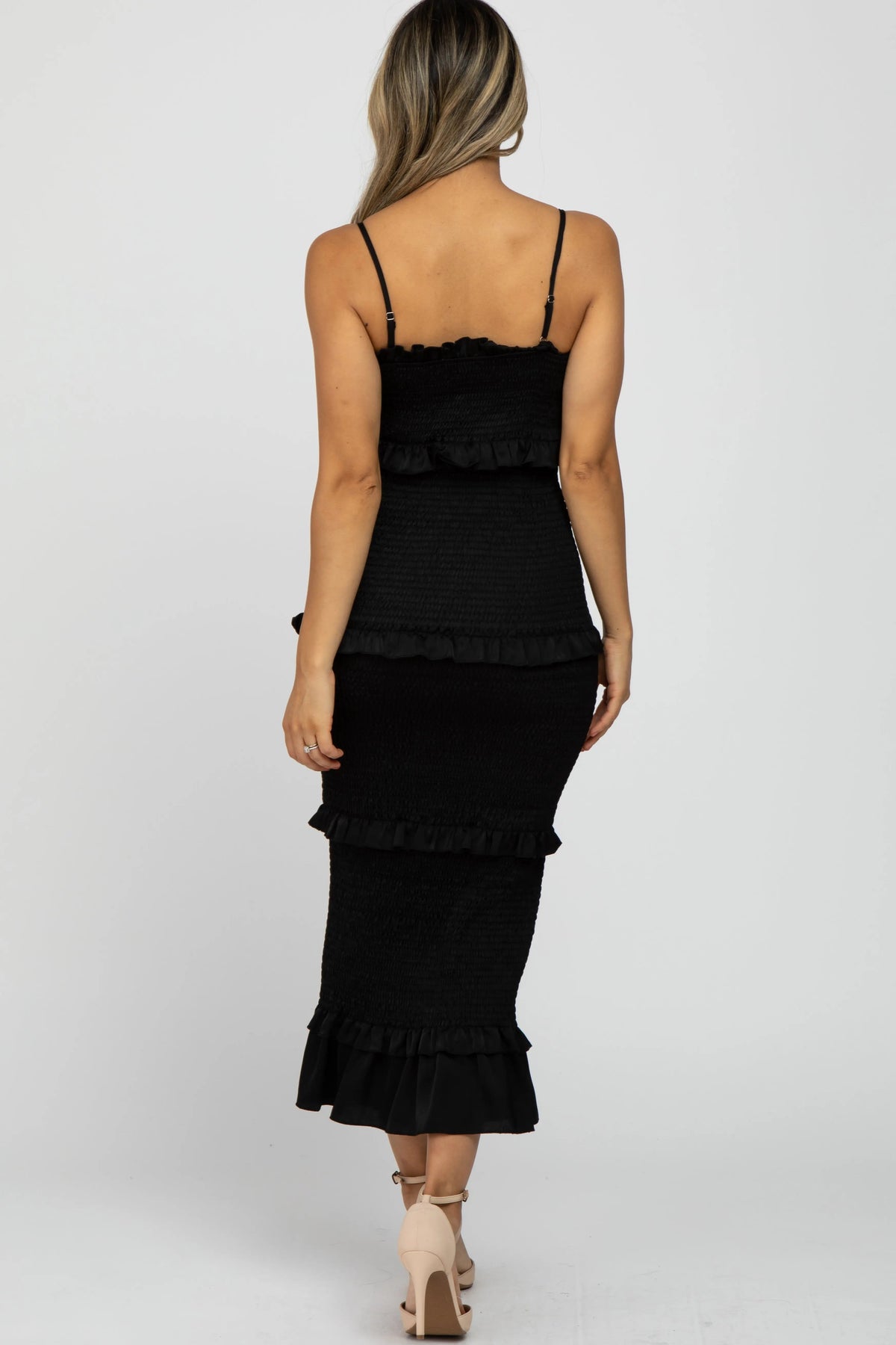 PinkBlush Black Satin Smocked Fitted Midi Dress - 