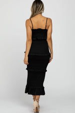 PinkBlush Black Satin Smocked Fitted Midi Dress - 