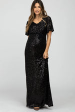 PinkBlush Black Sequin Short Sleeve Maternity Maxi Dress - 