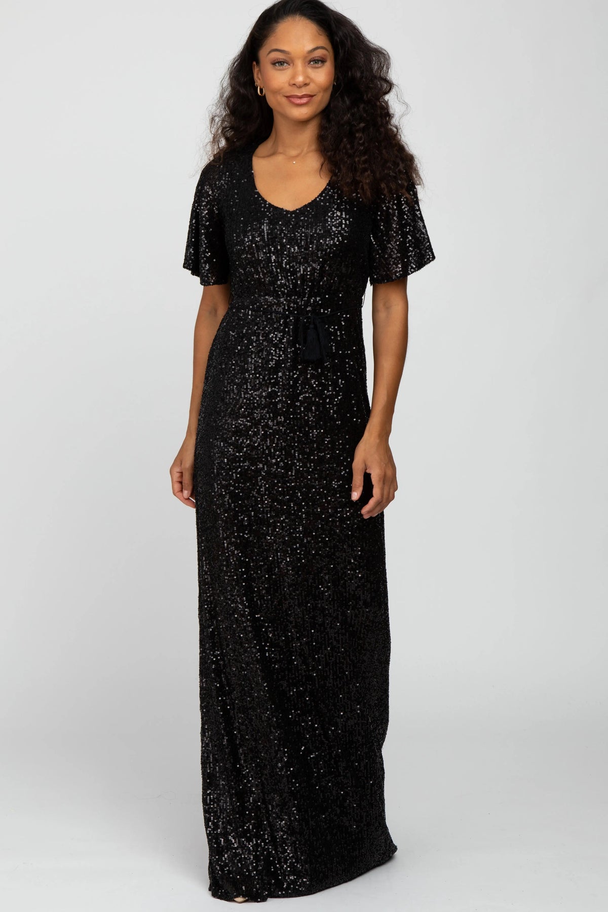 PinkBlush Black Sequin Short Sleeve Maternity Maxi Dress - 