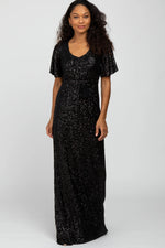 PinkBlush Black Sequin Short Sleeve Maternity Maxi Dress - 