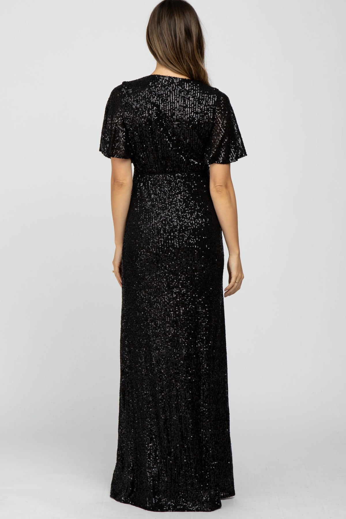 PinkBlush Black Sequin Short Sleeve Maternity Maxi Dress - 