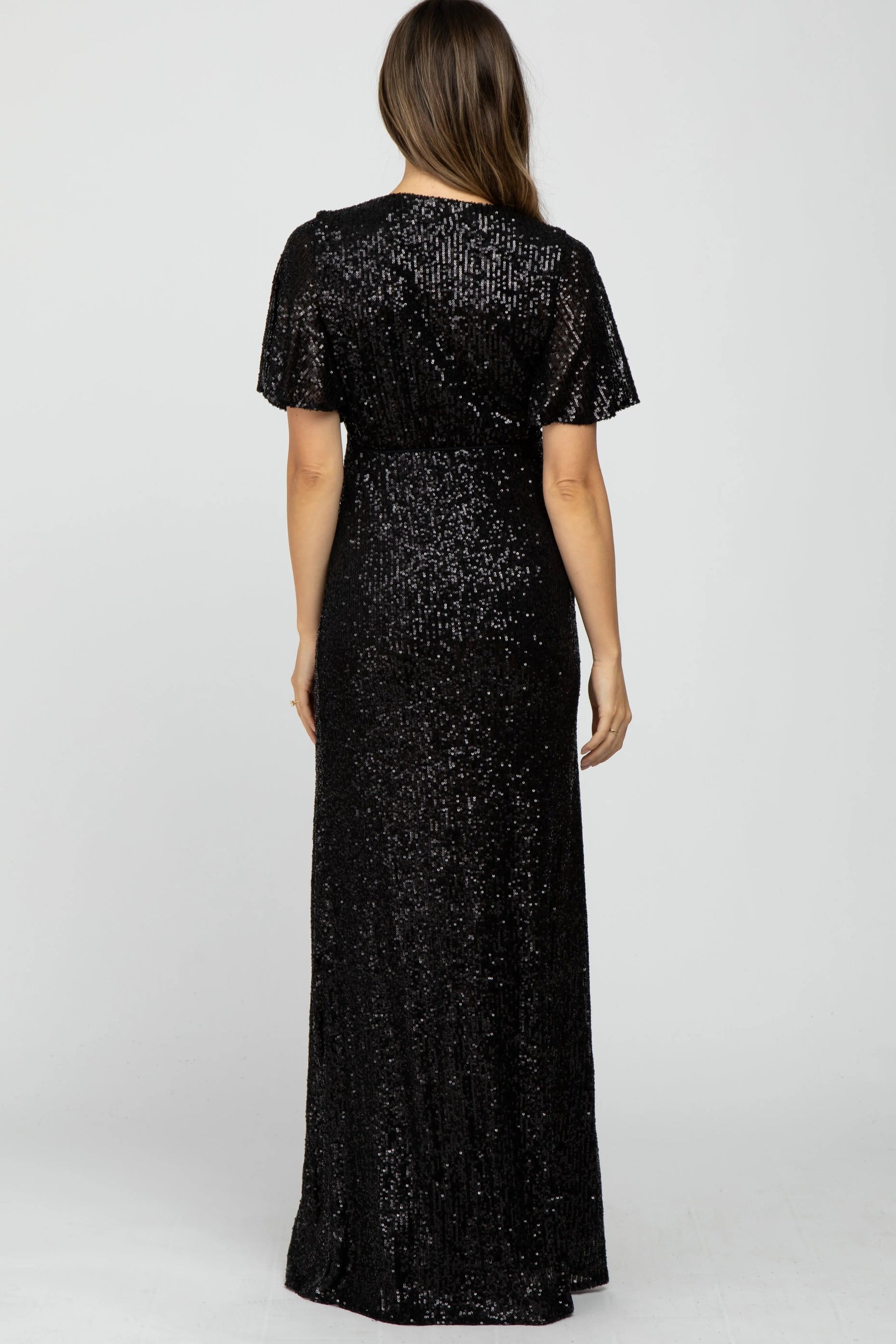 PinkBlush Black Sequin Short Sleeve Maternity Maxi Dress - 