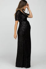 PinkBlush Black Sequin Short Sleeve Maternity Maxi Dress - 