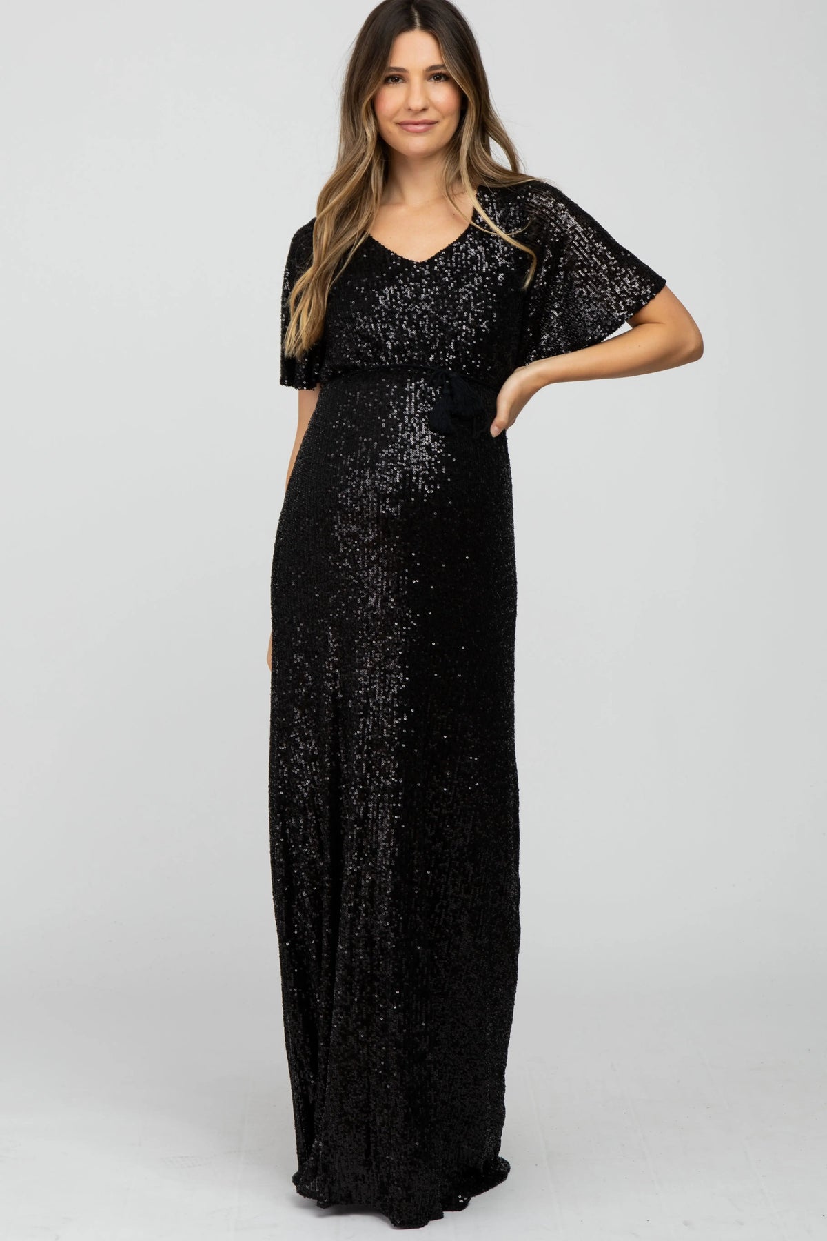 PinkBlush Black Sequin Short Sleeve Maternity Maxi Dress - 