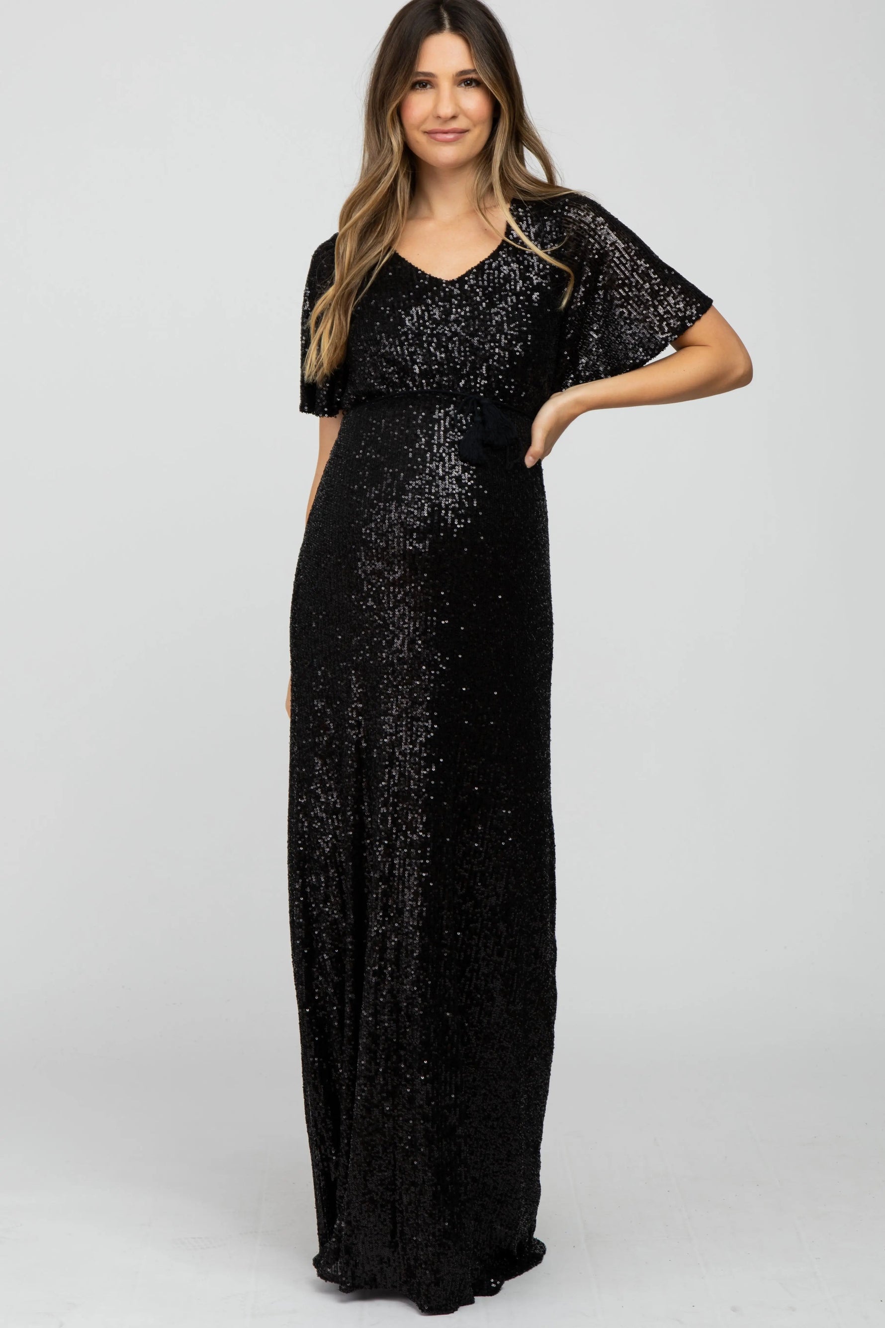 PinkBlush Black Sequin Short Sleeve Maternity Maxi Dress - 
