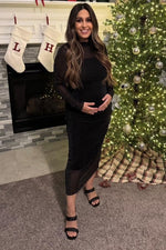 PinkBlush Black Shimmer Mesh Long Sleeve Ruched Maternity Midi Dress