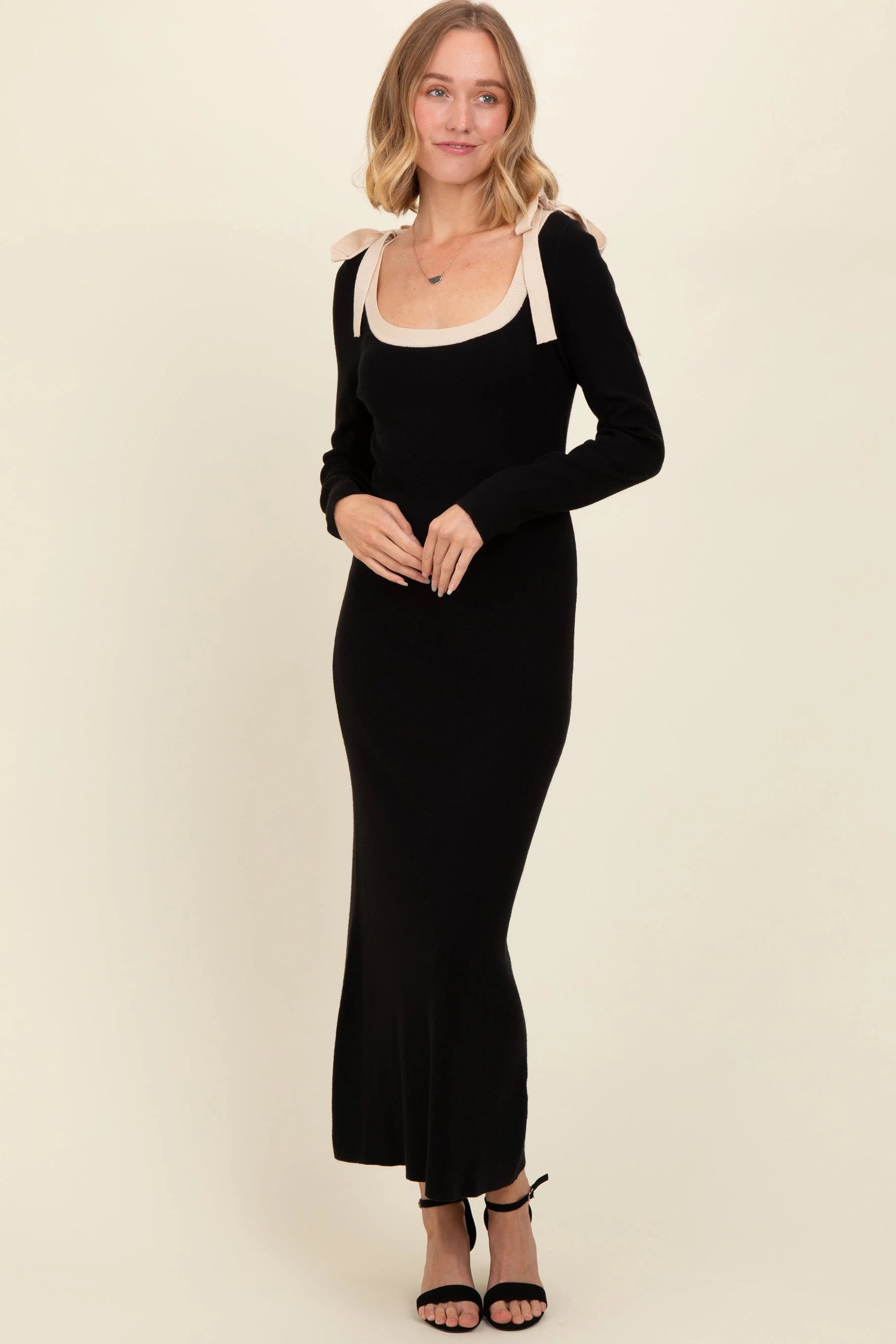 PinkBlush Black Shoulder Bow Detail Maxi Sweater Dress - 