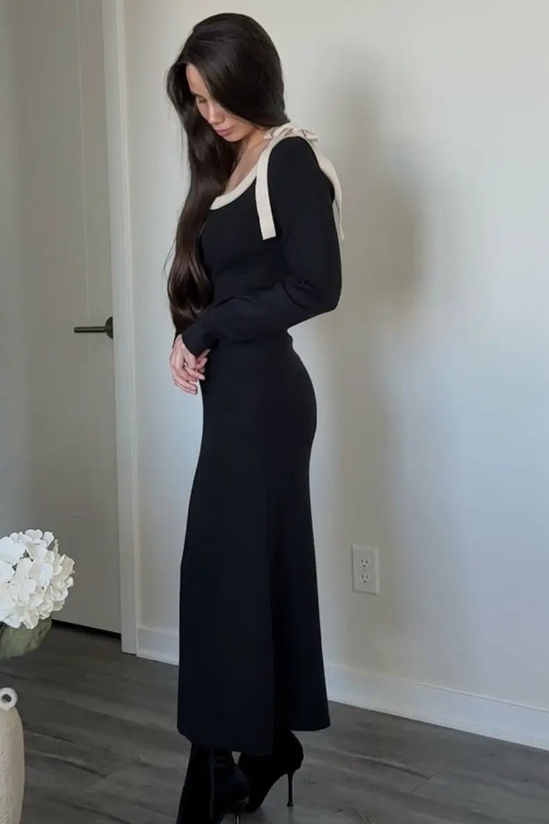 PinkBlush Black Shoulder Bow Detail Maxi Sweater Dress - 