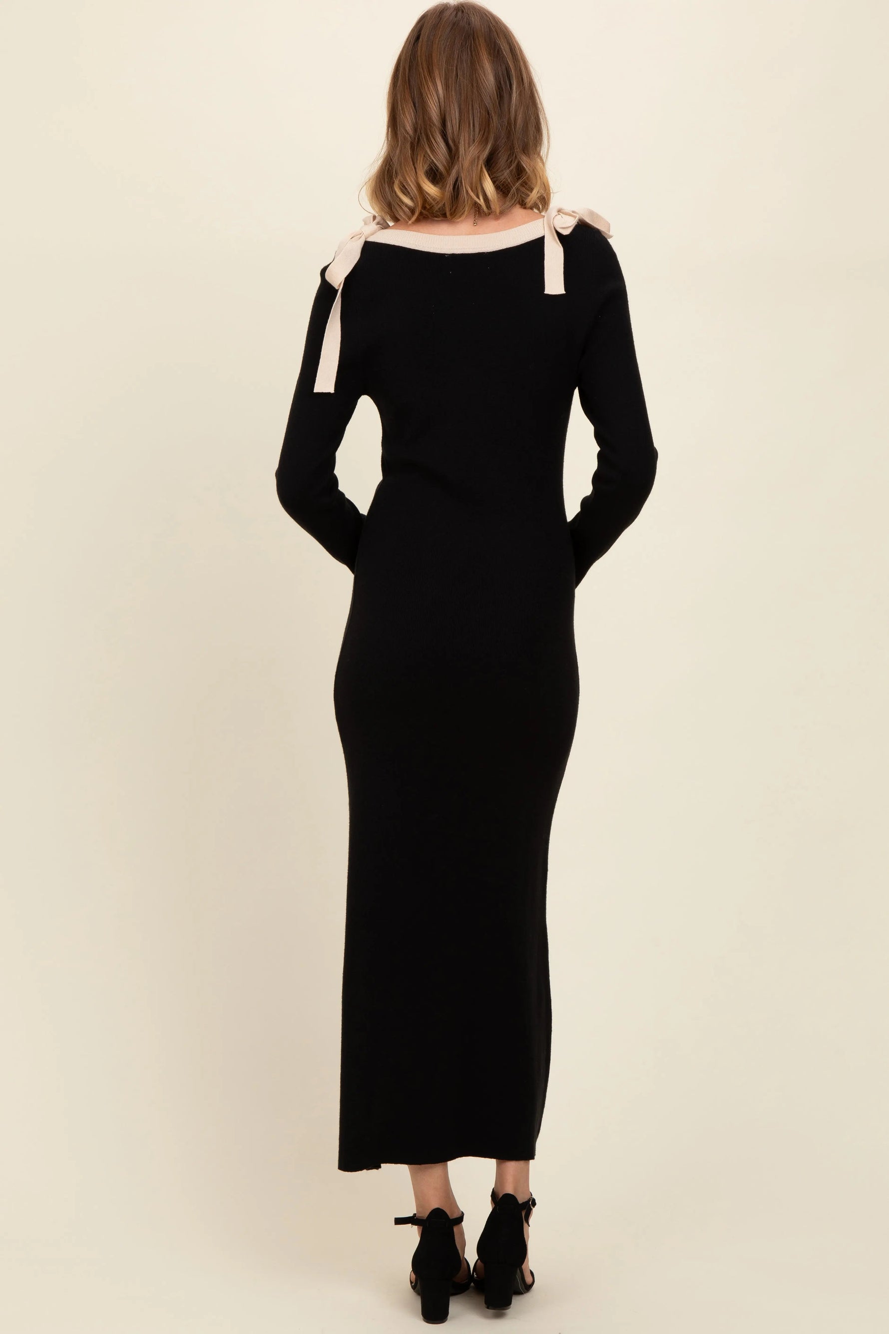PinkBlush Black Shoulder Bow Detail Maxi Sweater Dress - 