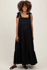 PinkBlush Black Shoulder Tie Tiered Maternity Maxi Dress - 