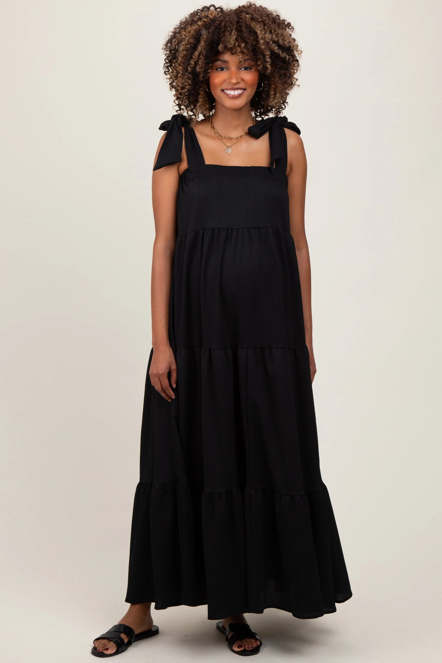 PinkBlush Black Shoulder Tie Tiered Maternity Maxi Dress - 