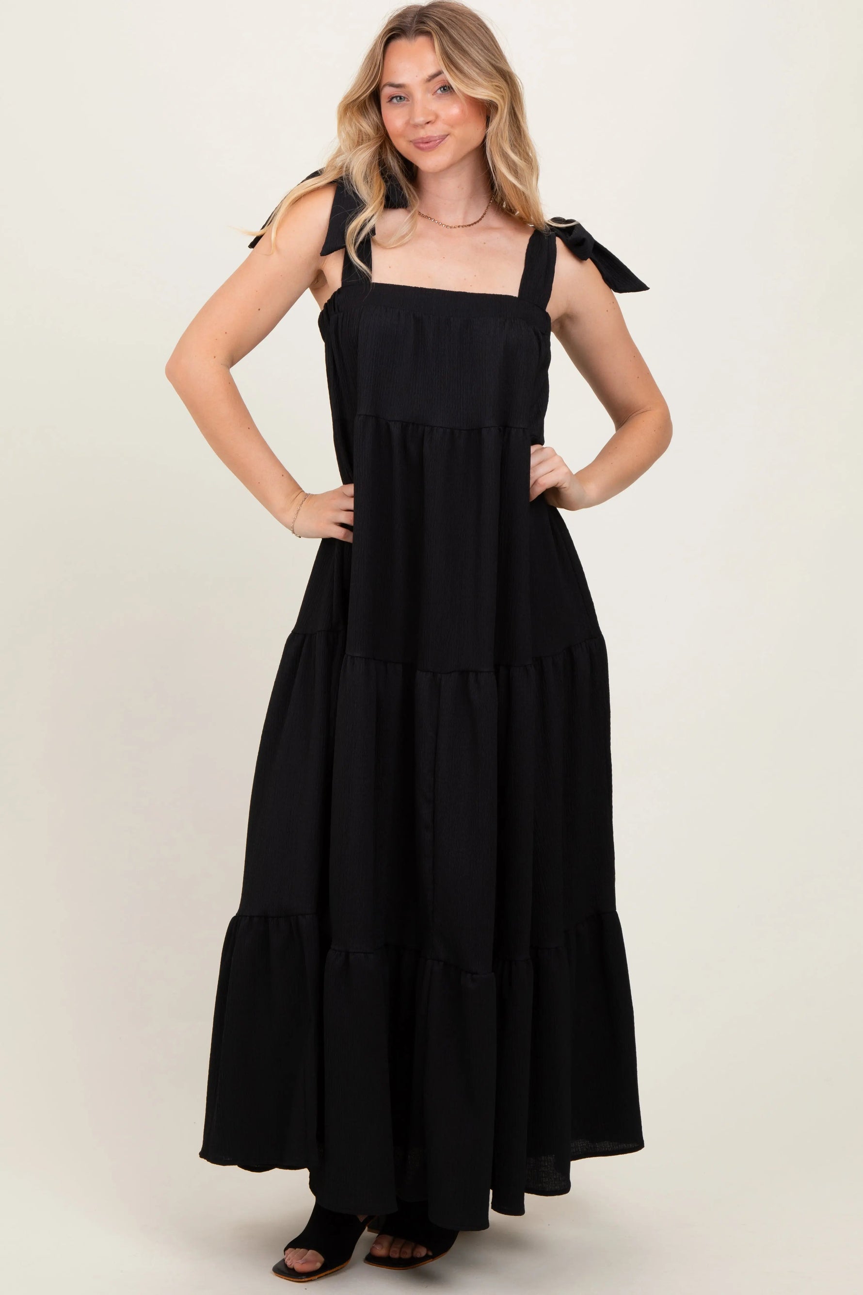 PinkBlush Black Shoulder Tie Tiered Maternity Maxi Dress - 