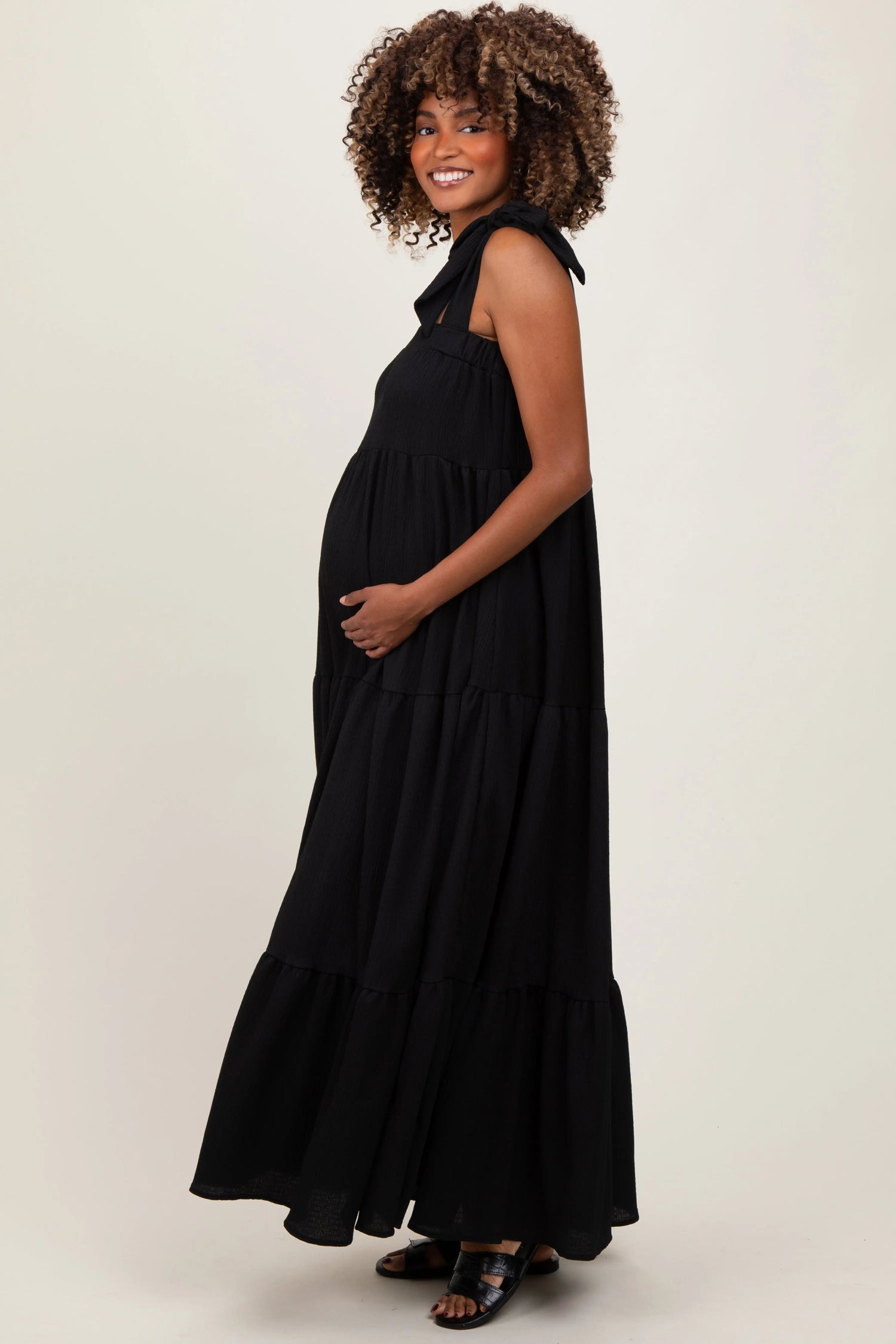 PinkBlush Black Shoulder Tie Tiered Maternity Maxi Dress - 