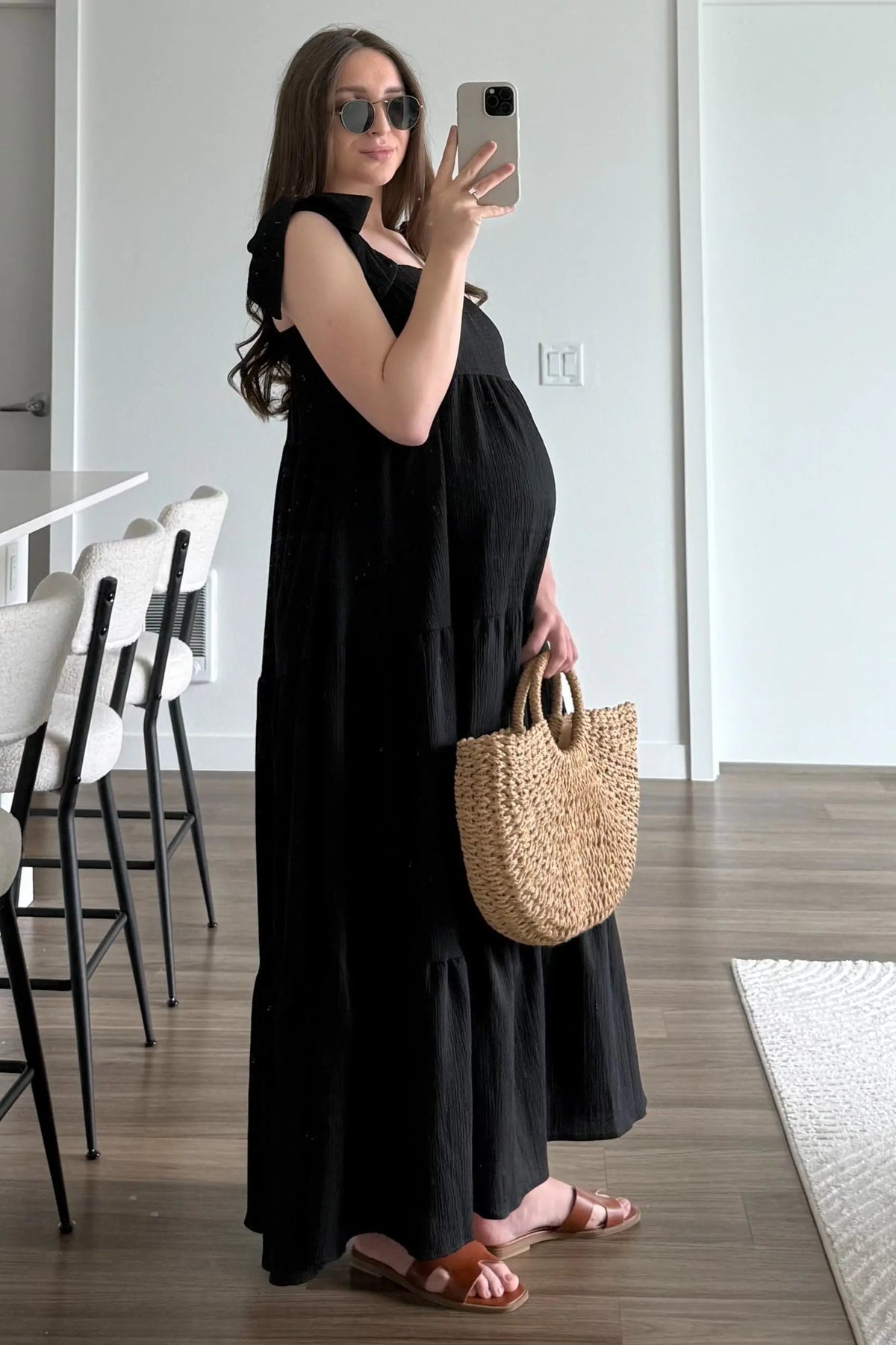 PinkBlush Black Shoulder Tie Tiered Maternity Maxi Dress - 