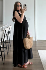PinkBlush Black Shoulder Tie Tiered Maternity Maxi Dress - 