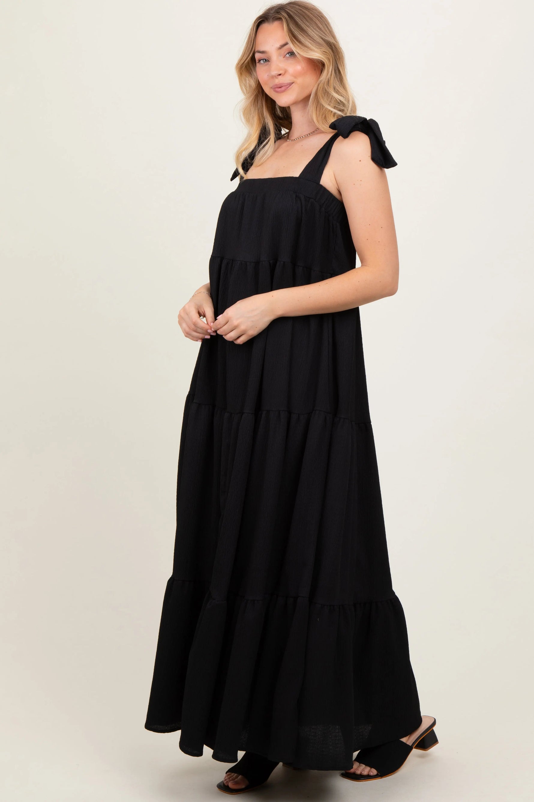PinkBlush Black Shoulder Tie Tiered Maxi Dress - 