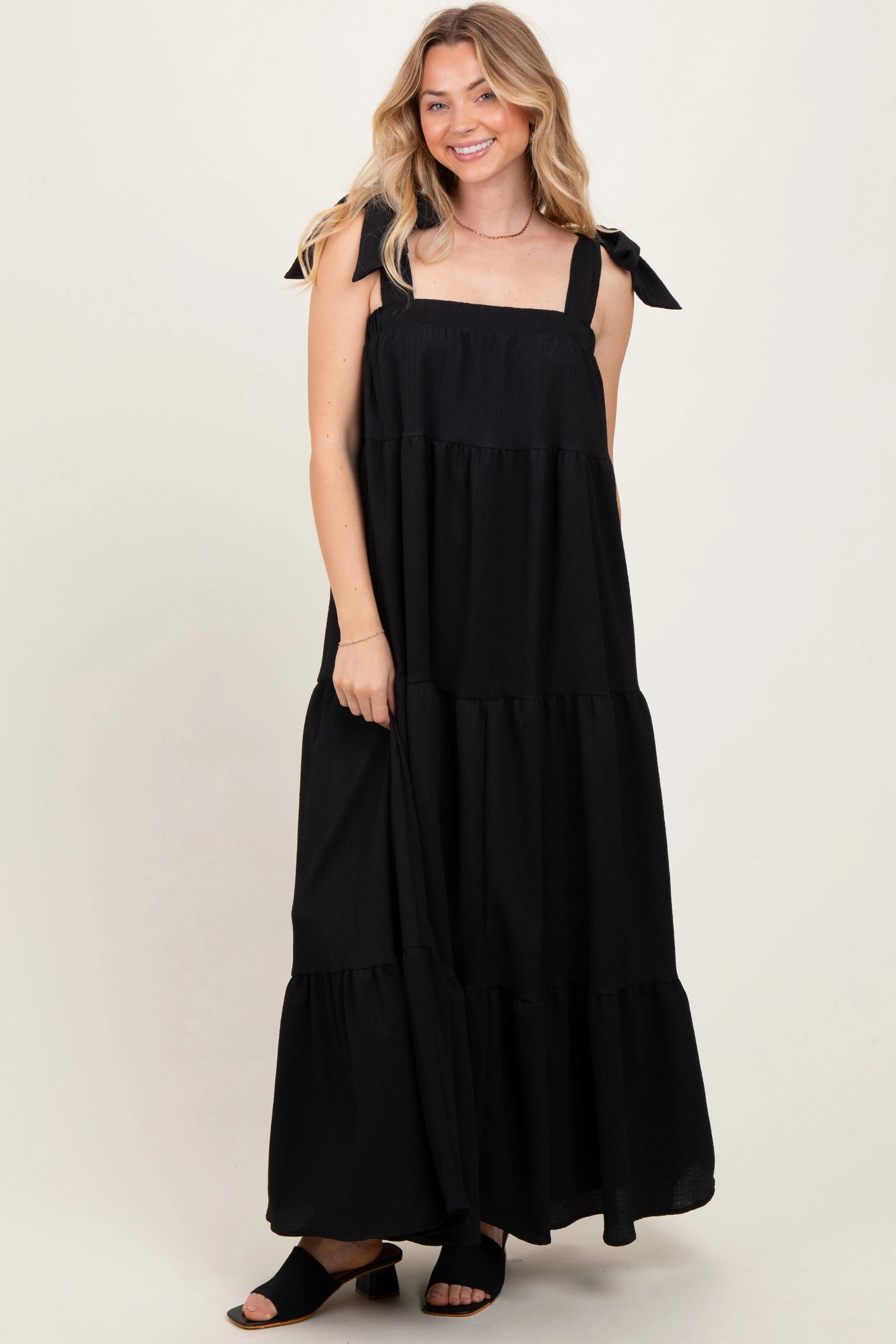 PinkBlush Black Shoulder Tie Tiered Maxi Dress - 
