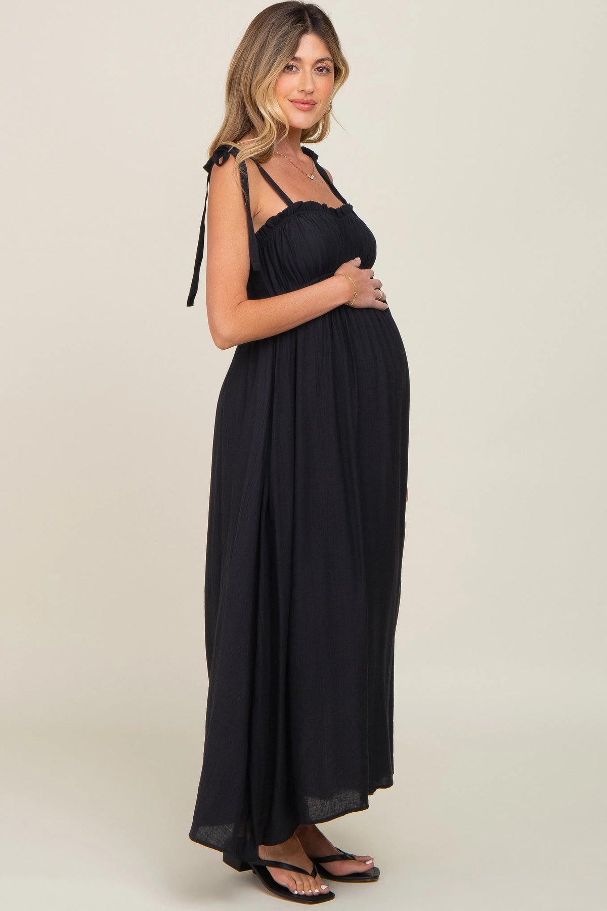 PinkBlush Black Sleeveless Ruffle Trim Maternity Maxi Dress - 