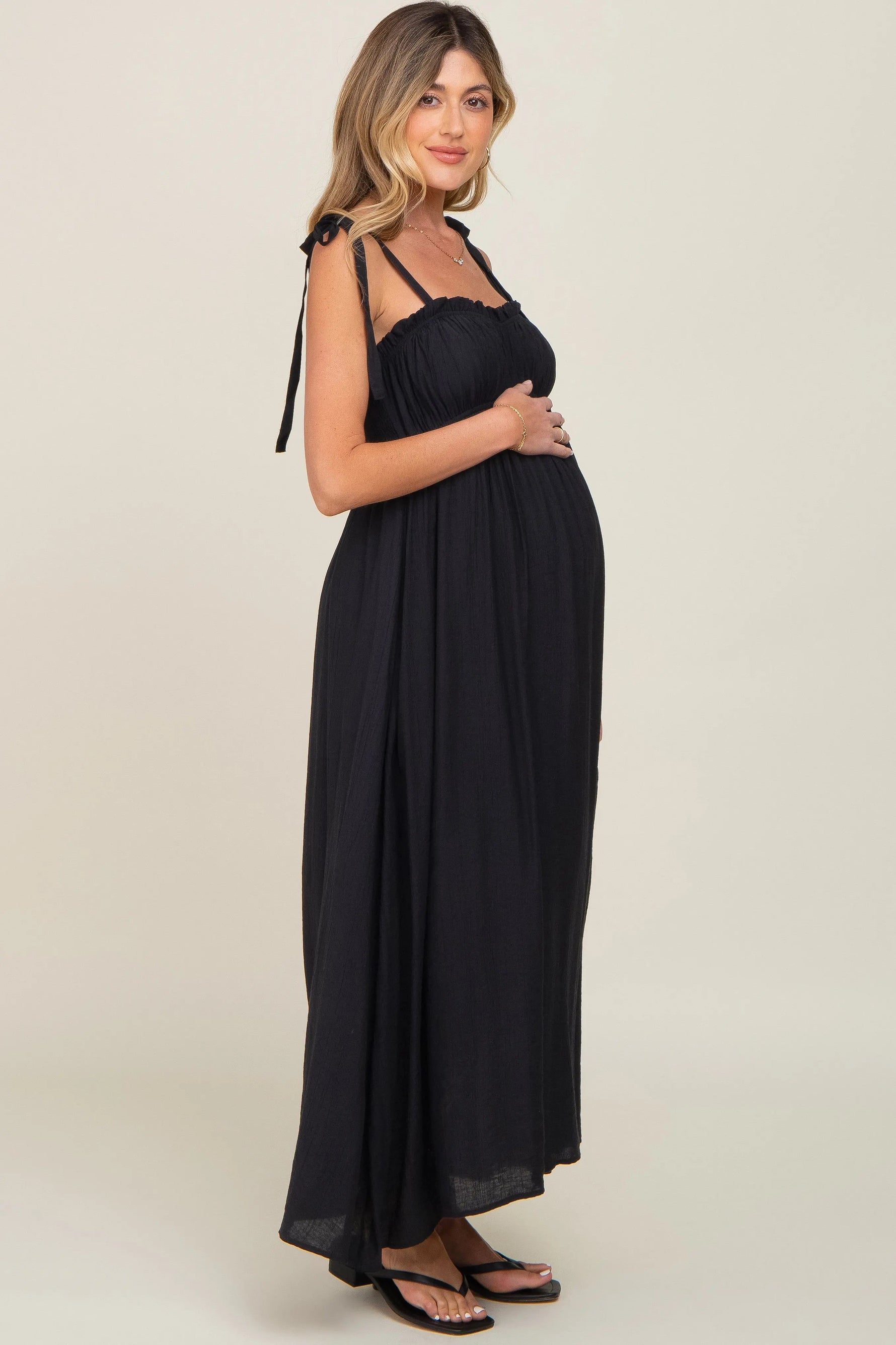 PinkBlush Black Sleeveless Ruffle Trim Maternity Maxi Dress - 