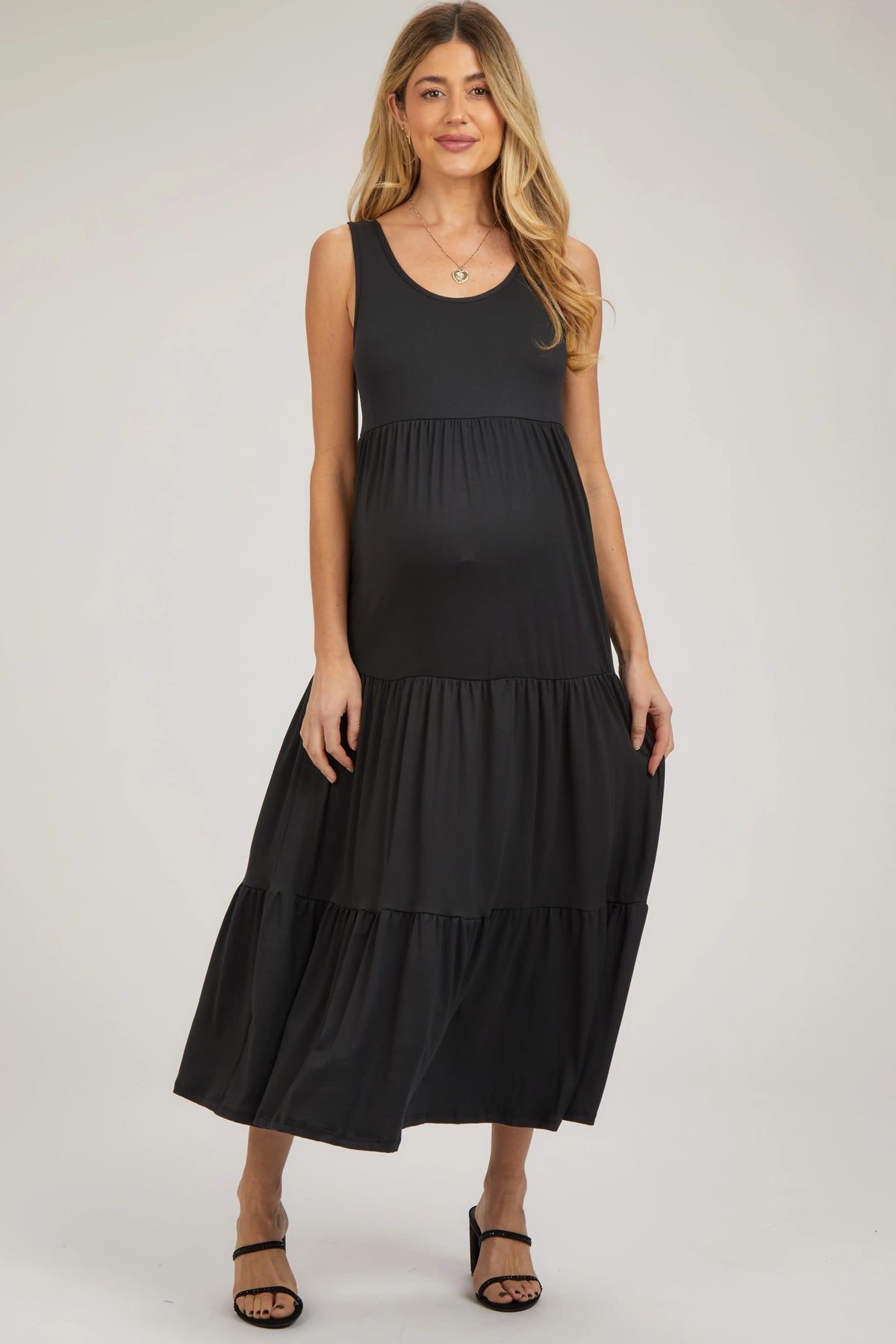 PinkBlush Black Sleeveless Scoop Back Tiered Maternity Maxi Dress - 