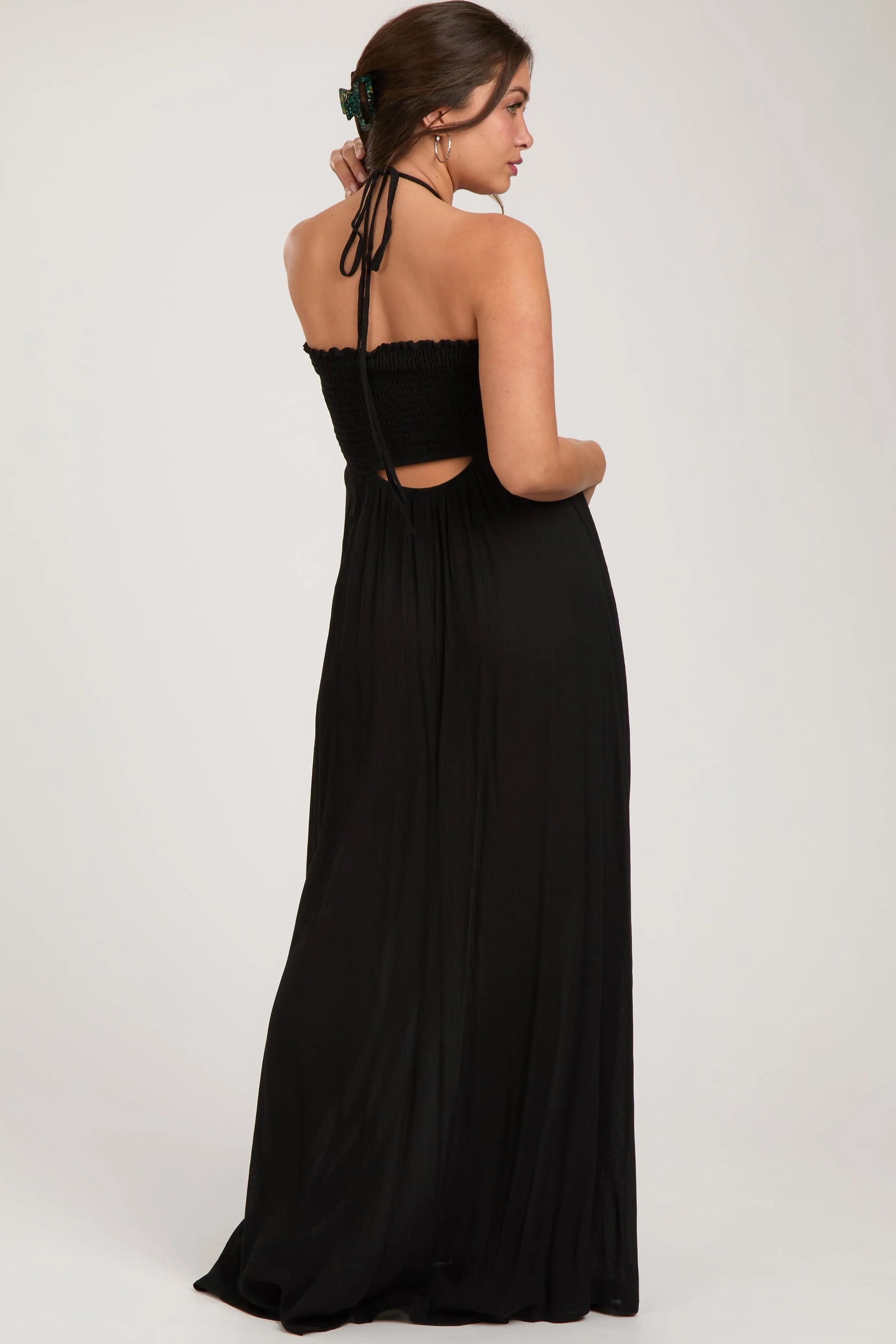 PinkBlush Black Smocked Halter Maternity Maxi Dress - 