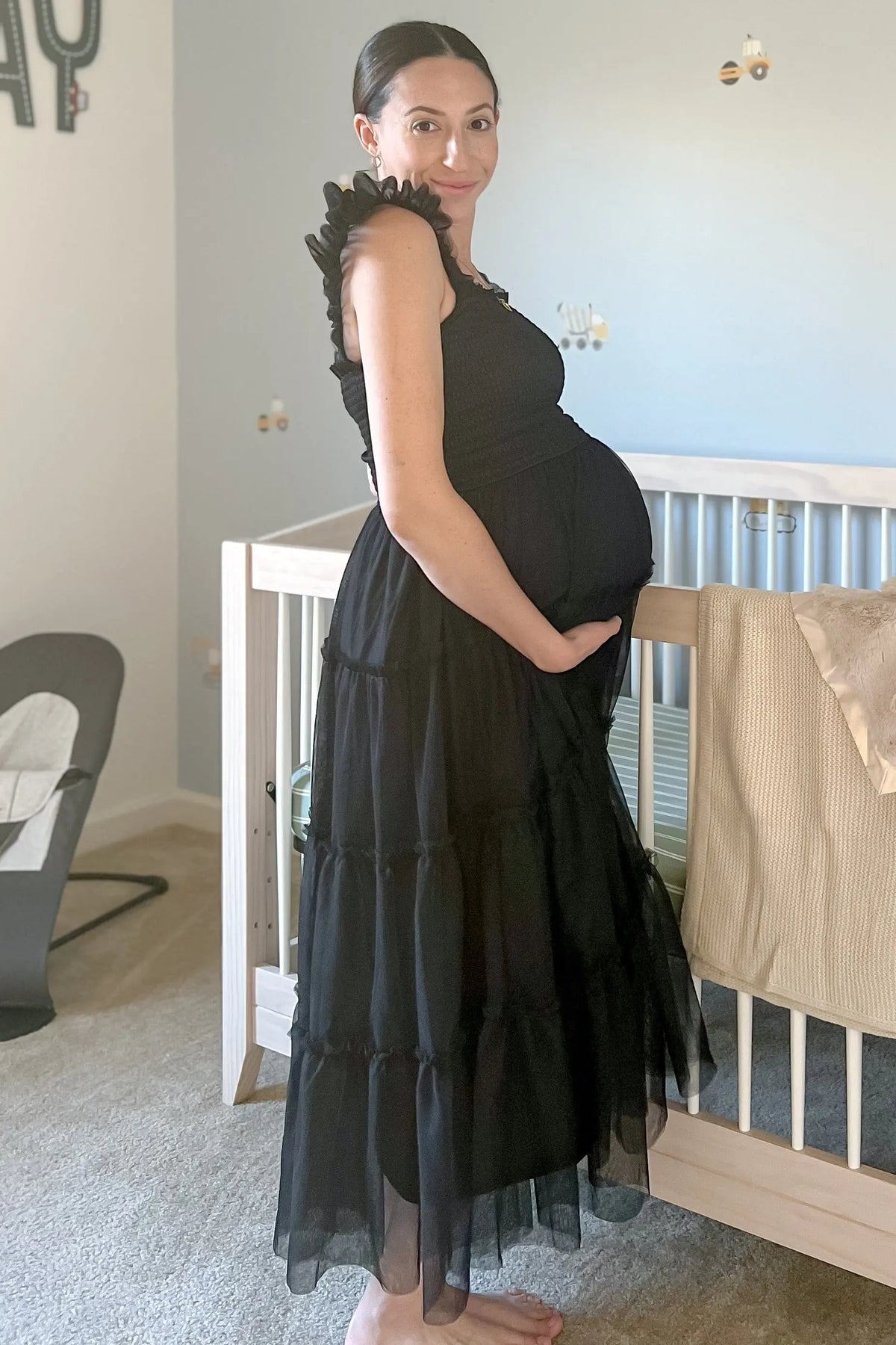 PinkBlush Black Smocked Mesh Ruffle Accent Maternity Midi Dress - 