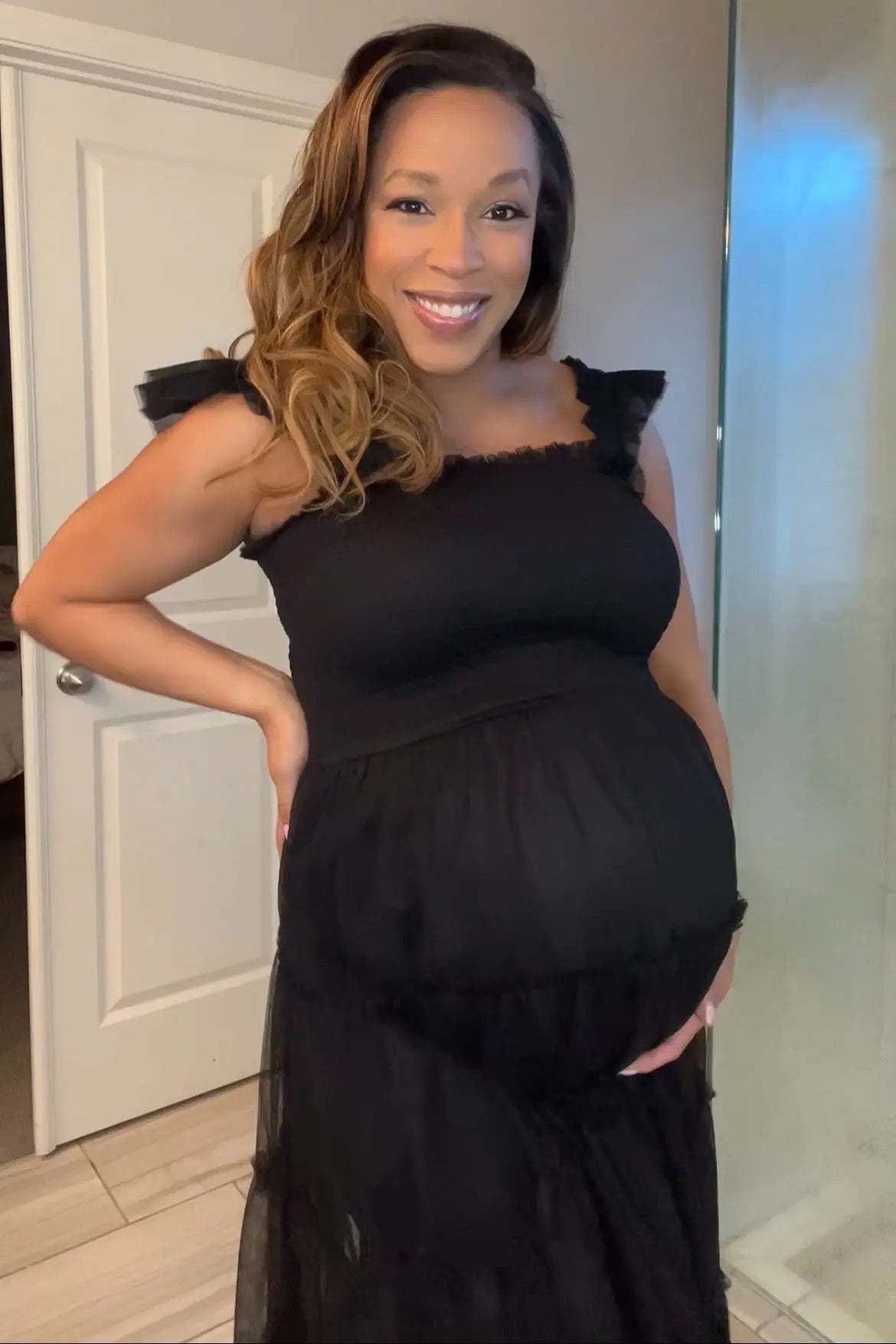 PinkBlush Black Smocked Mesh Ruffle Accent Maternity Midi Dress - 