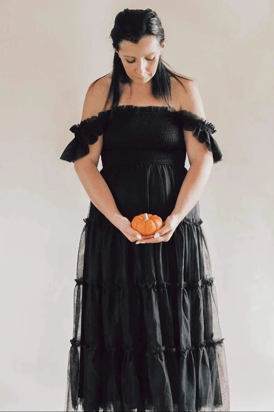 PinkBlush Black Smocked Mesh Ruffle Accent Maternity Midi Dress - 