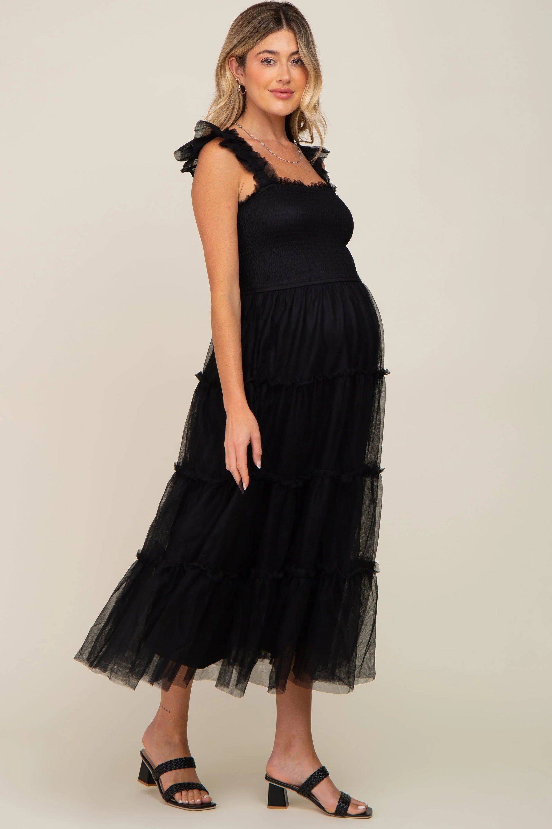 PinkBlush Black Smocked Mesh Ruffle Accent Maternity Midi Dress - 