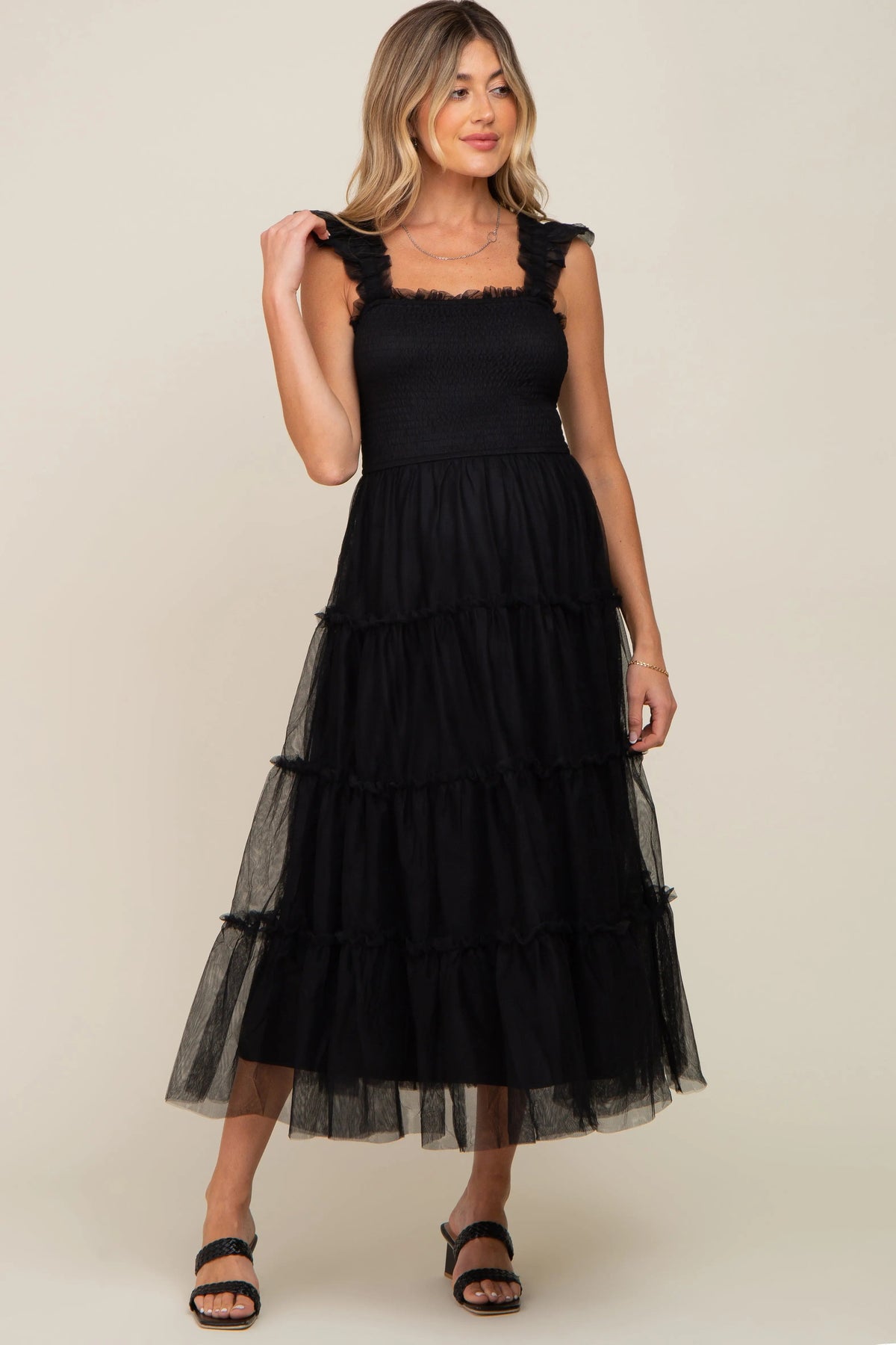 PinkBlush Black Smocked Mesh Ruffle Accent Maternity Midi Dress - 