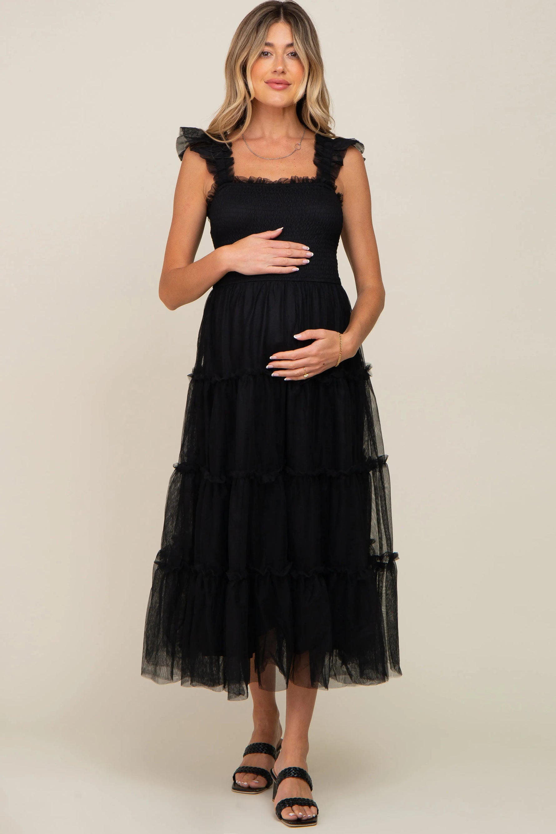 PinkBlush Black Smocked Mesh Ruffle Accent Maternity Midi Dress - 