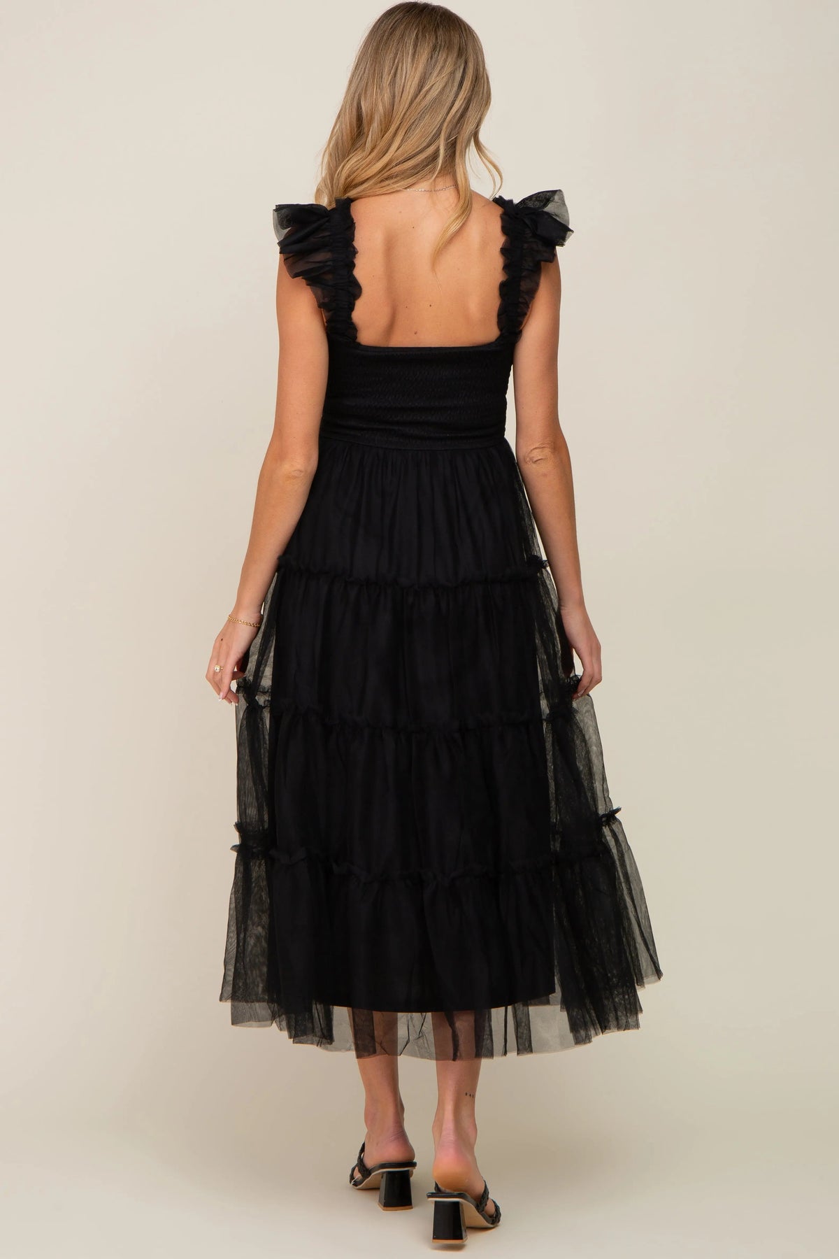 PinkBlush Black Smocked Mesh Ruffle Accent Maternity Midi Dress - 