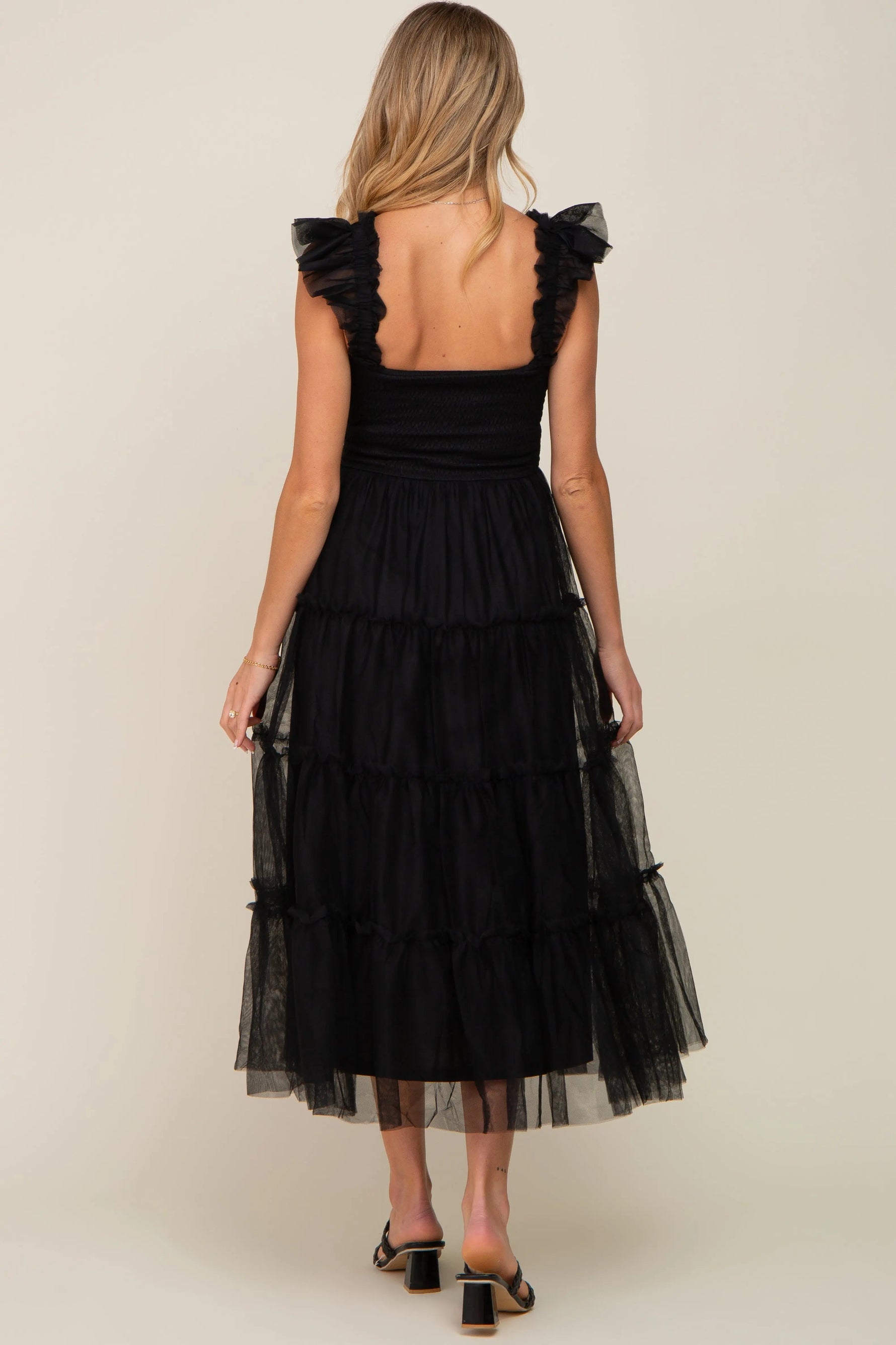 PinkBlush Black Smocked Mesh Ruffle Accent Maternity Midi Dress - 
