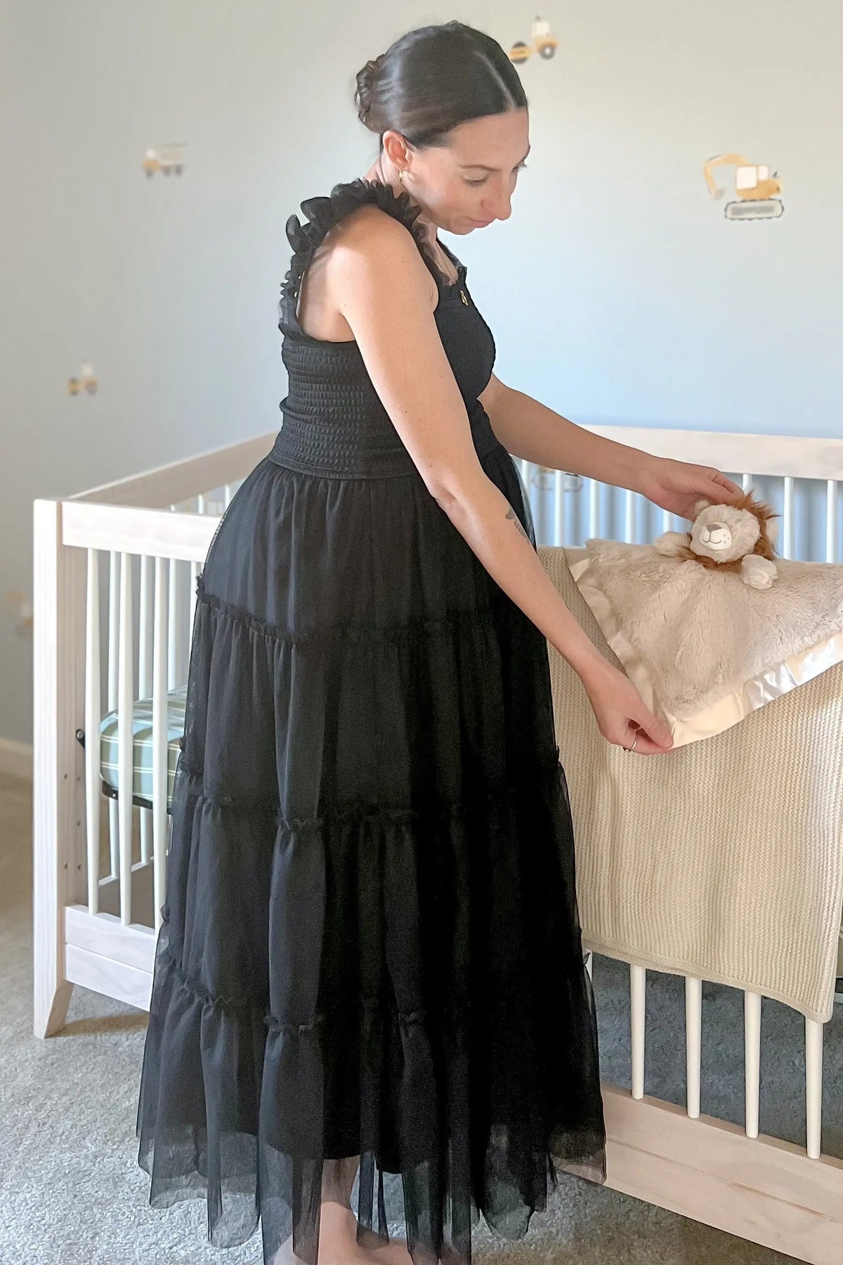 PinkBlush Black Smocked Mesh Ruffle Accent Maternity Midi Dress - 