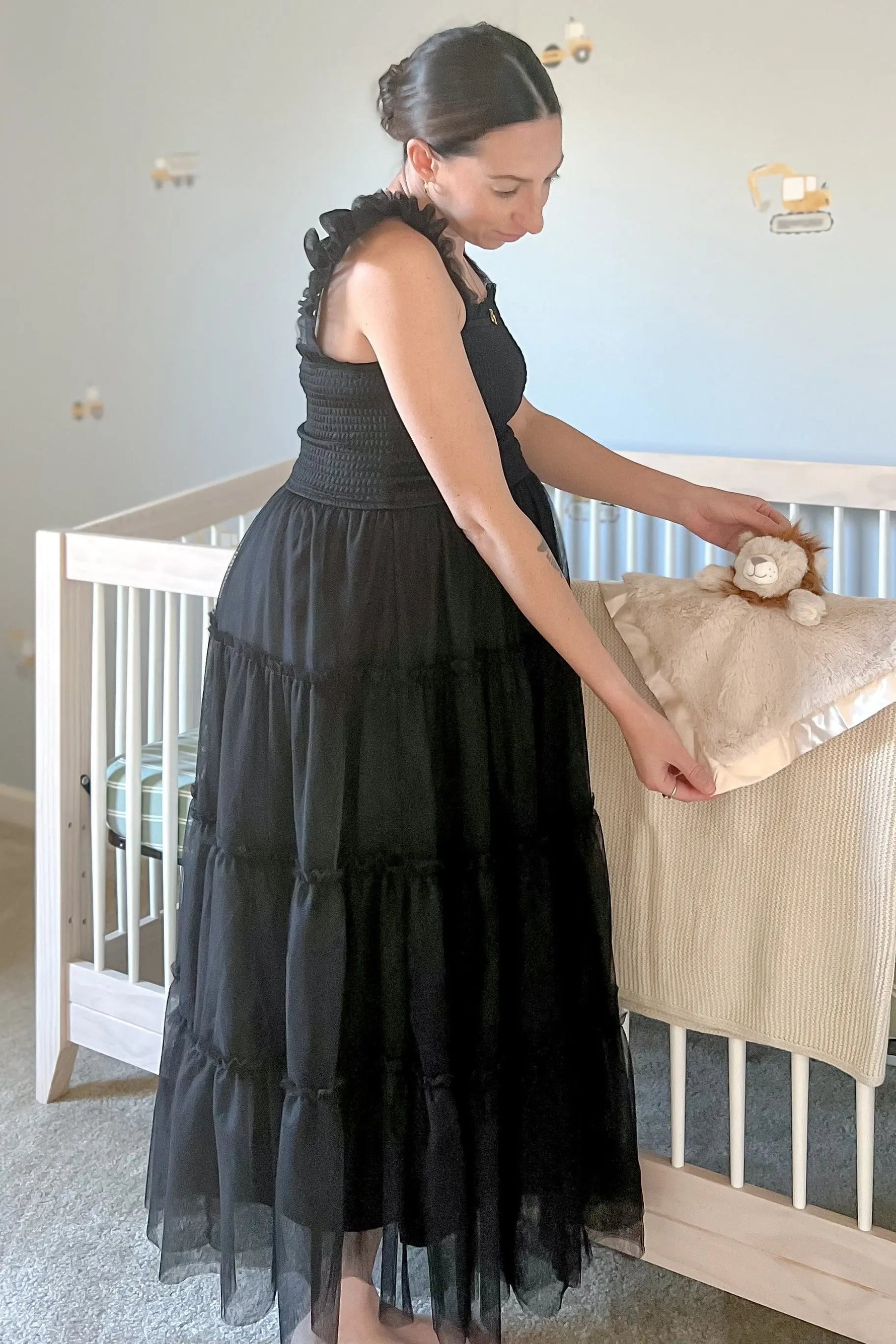 PinkBlush Black Smocked Mesh Ruffle Accent Maternity Midi Dress - 