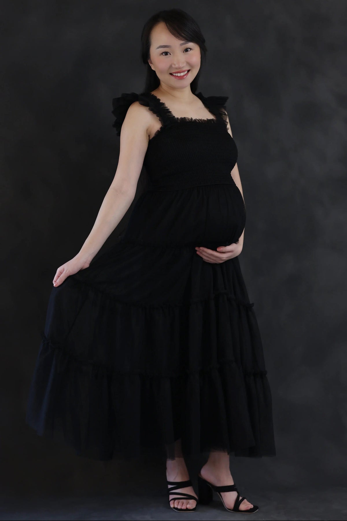 PinkBlush Black Smocked Mesh Ruffle Accent Maternity Midi Dress - 