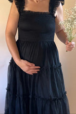 PinkBlush Black Smocked Mesh Ruffle Accent Maternity Midi Dress - 