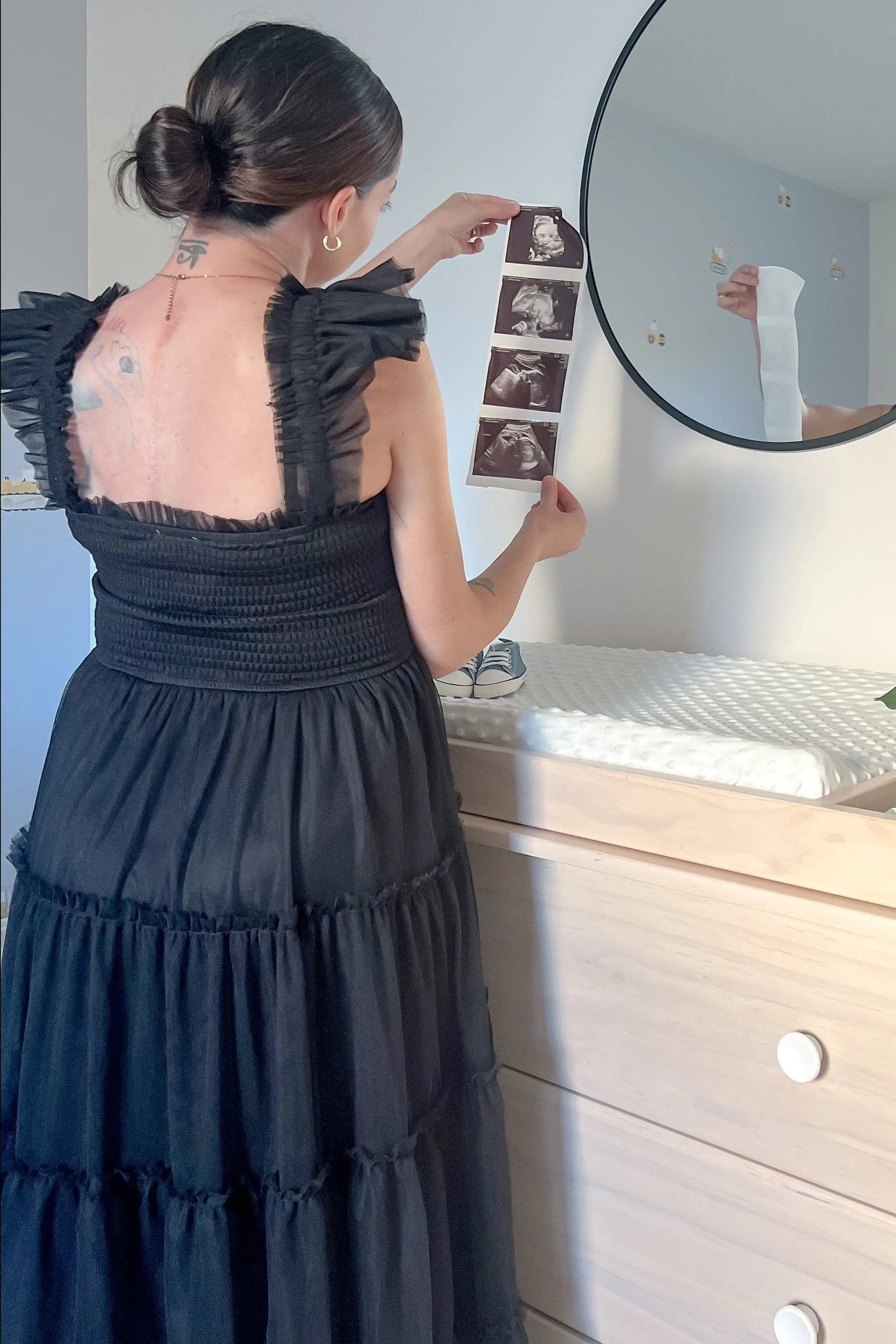 PinkBlush Black Smocked Mesh Ruffle Accent Maternity Midi Dress - 