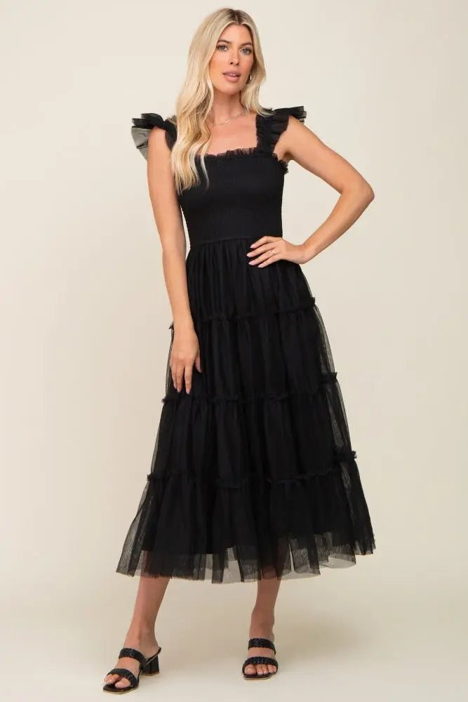 PinkBlush Black Smocked Mesh Ruffle Accent Midi Dress - 
