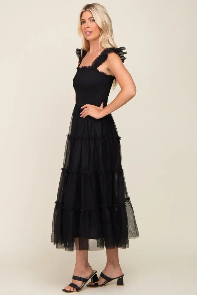 PinkBlush Black Smocked Mesh Ruffle Accent Midi Dress - 