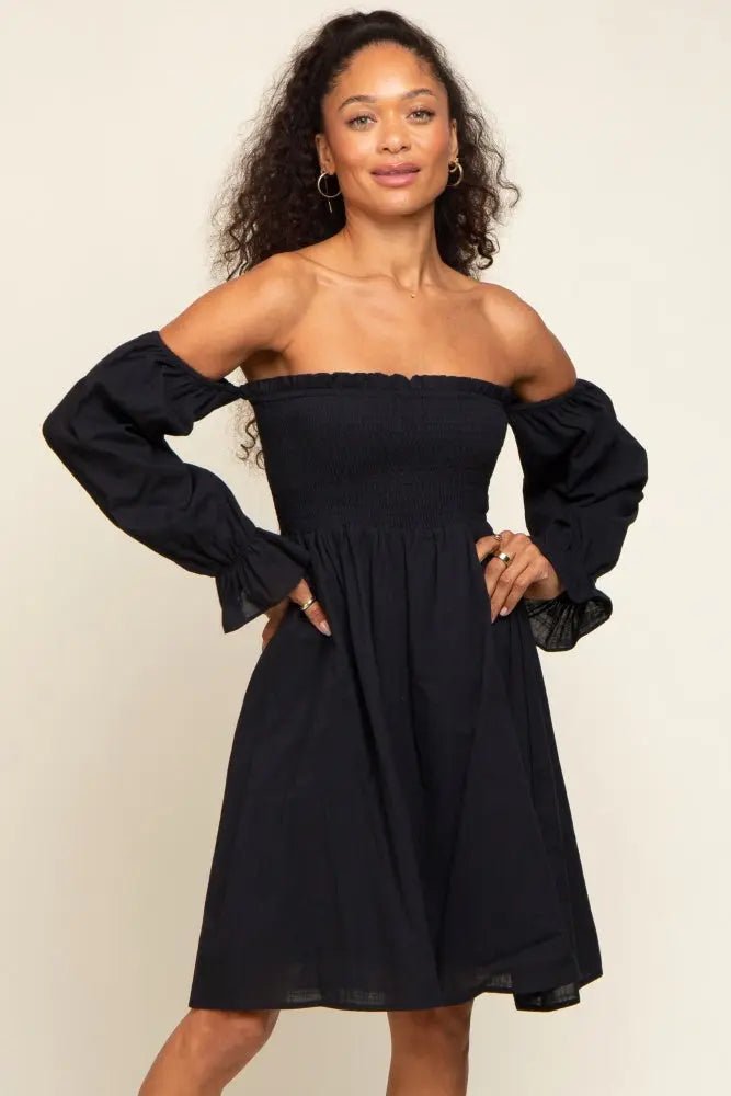 PinkBlush Black Smocked Off Shoulder Long Sleeve Dress - 