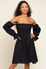PinkBlush Black Smocked Off Shoulder Long Sleeve Dress - 