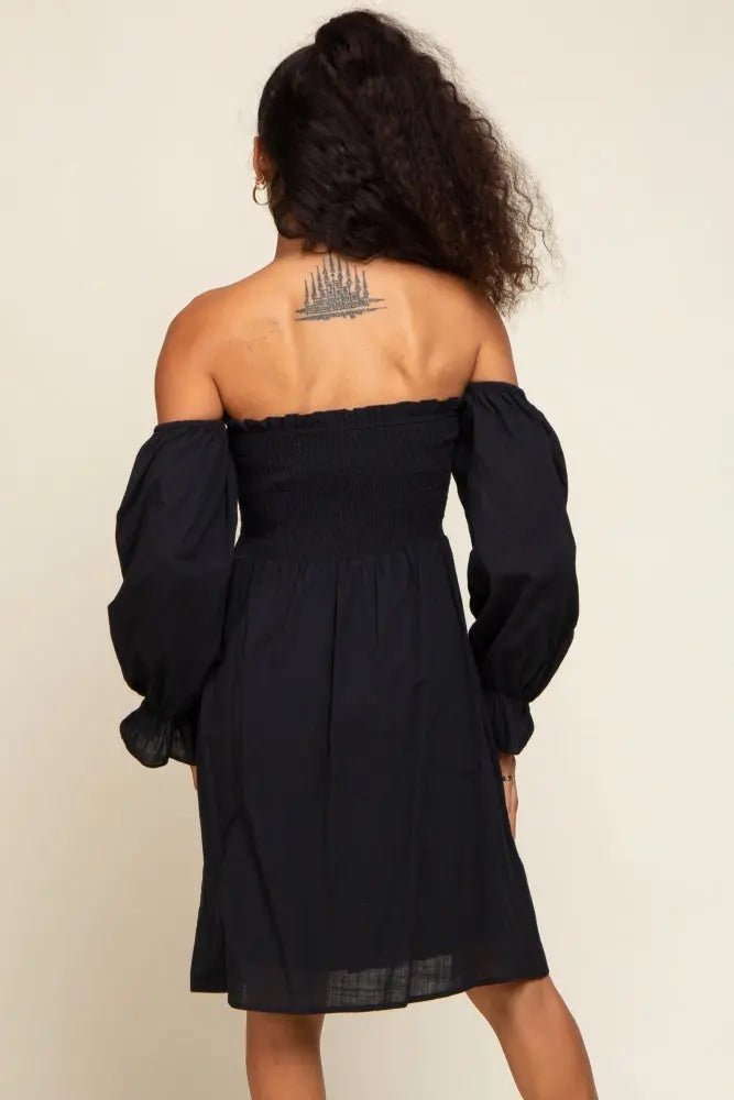 PinkBlush Black Smocked Off Shoulder Long Sleeve Dress - 