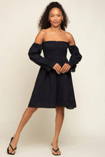 PinkBlush Black Smocked Off Shoulder Long Sleeve Dress - 