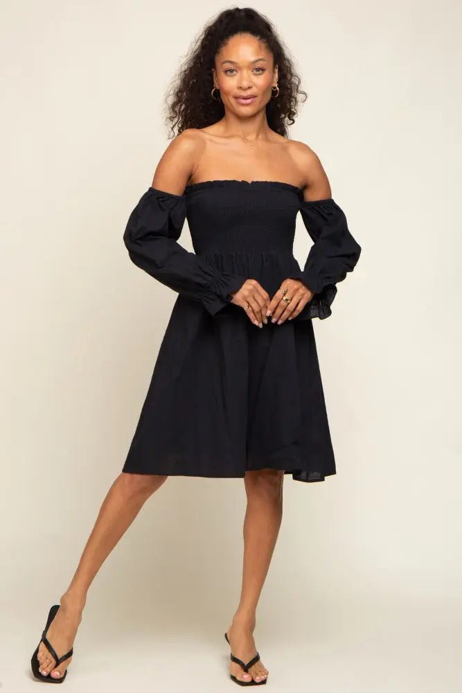 PinkBlush Black Smocked Off Shoulder Long Sleeve Dress - 