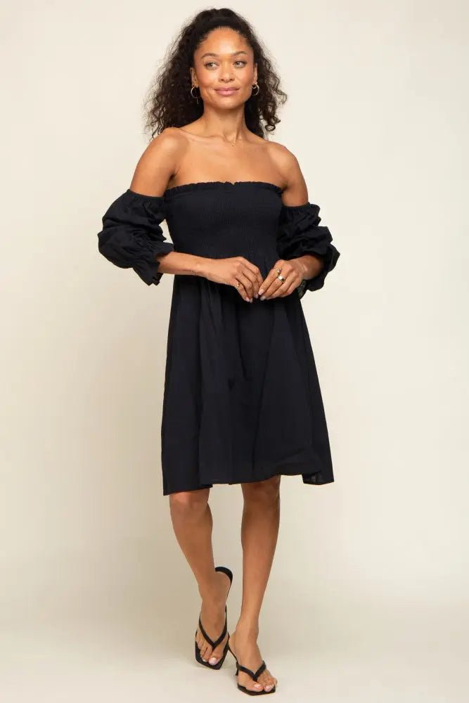 PinkBlush Black Smocked Off Shoulder Long Sleeve Dress - 